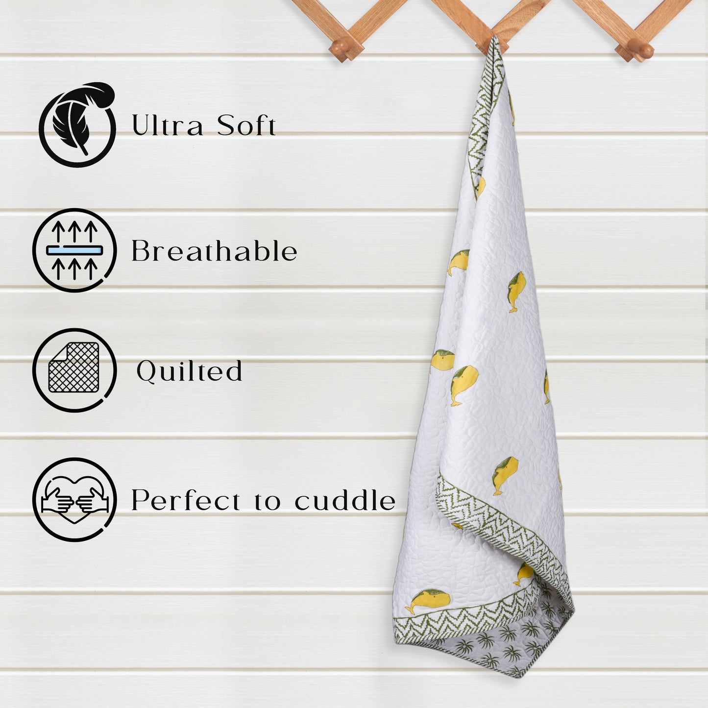 Hand Block Printed Cotton Baby Quilted blanket (light Rajai) – Quilted, 60x40 inches (100x150 cm) Green Yellow Dolphin