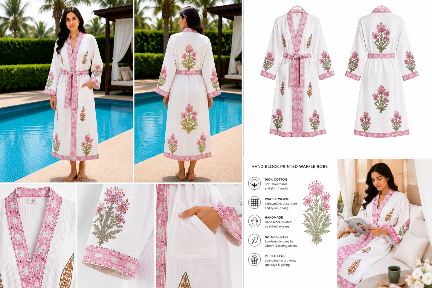 Jaipuri Handblock cotton Bathrobe | 100% Cotton Waffle | 2 Pockets I Pink Boota Border