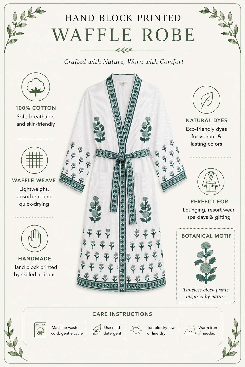 Jaipuri Handblock cotton Bathrobe | 100% Cotton Waffle | 2 Pockets I Green Small Floral
