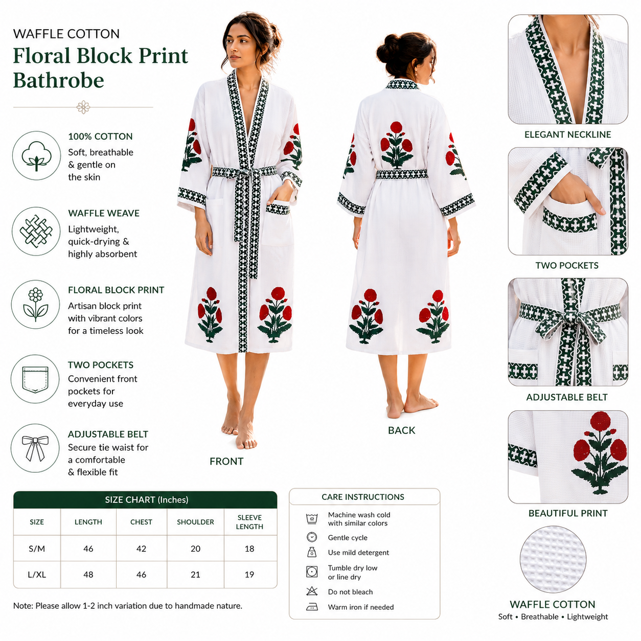 Jaipuri Handblock cotton Bathrobe | 100% Cotton Waffle | 2 Pockets I Red Bouquet Big