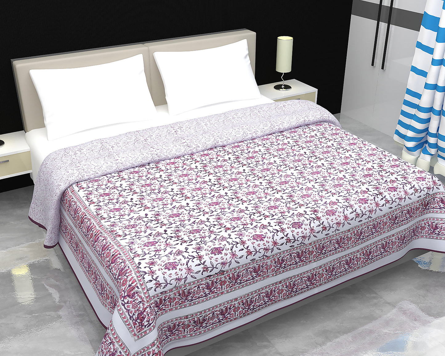 Block Printed Cotton Blanket - Double Dohar ( 90 x 108 Inches) - Pink Floral