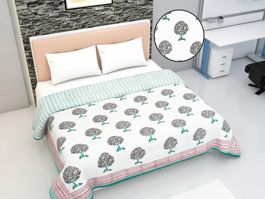 Block Printed Cotton Blanket - Double Dohar ( 90 x 108 Inches) - Red Green Tree