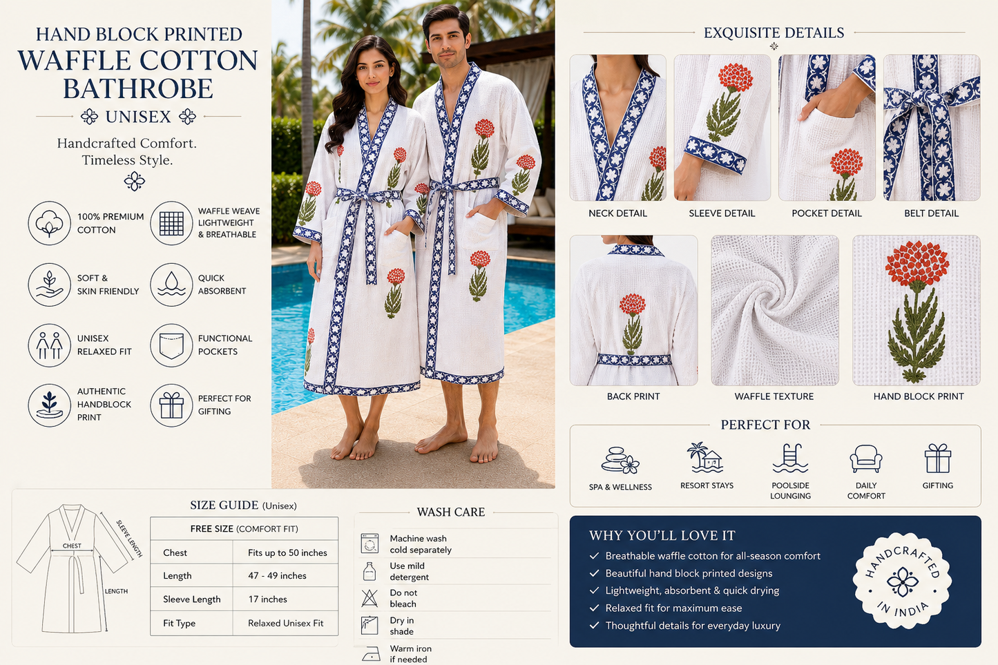 Jaipuri Handblock cotton Bathrobe | 100% Cotton Waffle | 2 Pockets I Red floral Blue Border