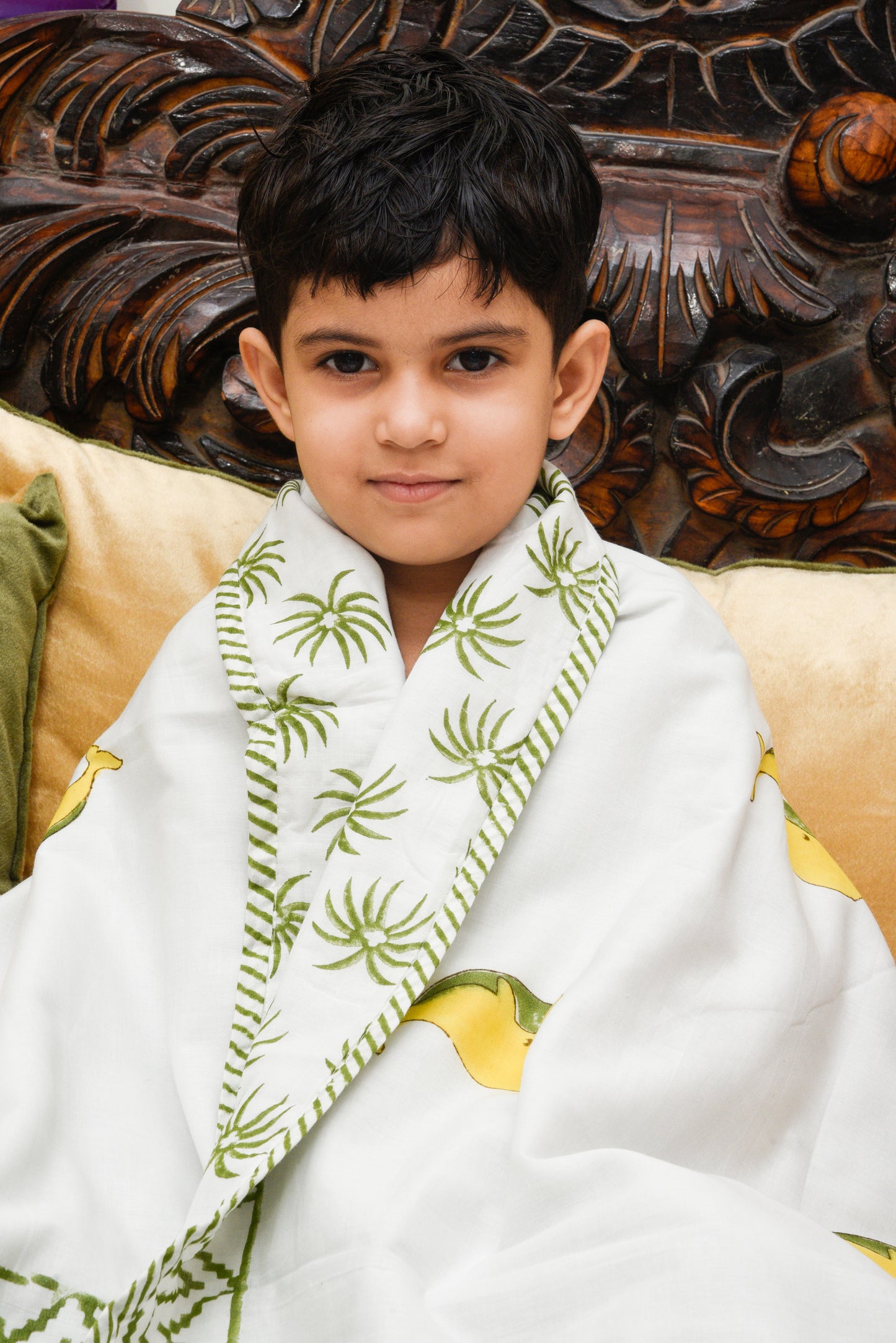 Hand Block Printed Cotton Baby dohar blanket, 60x40 inches (100x150 cm) Green Yellow Dolphin