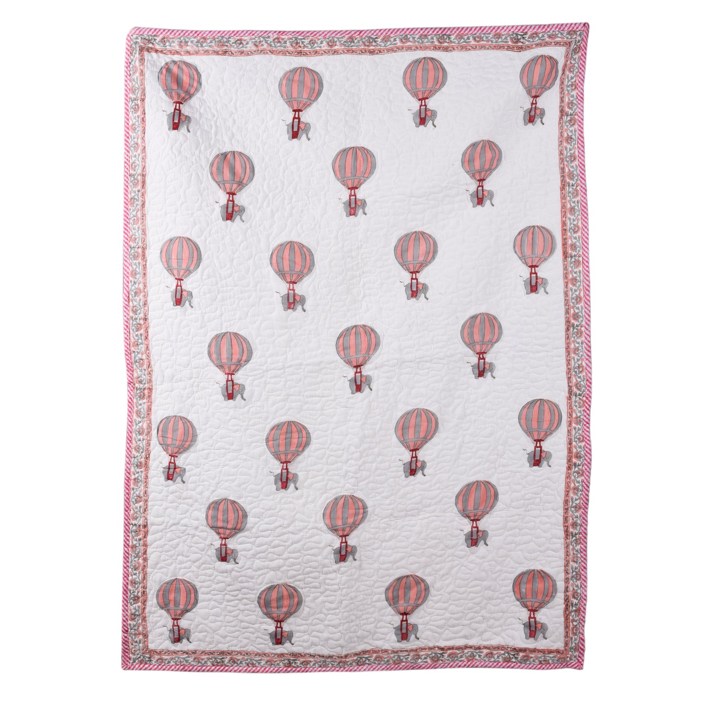 Hand Block Printed Cotton Baby Quilted Blanket (Light Rajai) – Quilted, 60x40 inches (100x150 cm) Peach pink Baloon