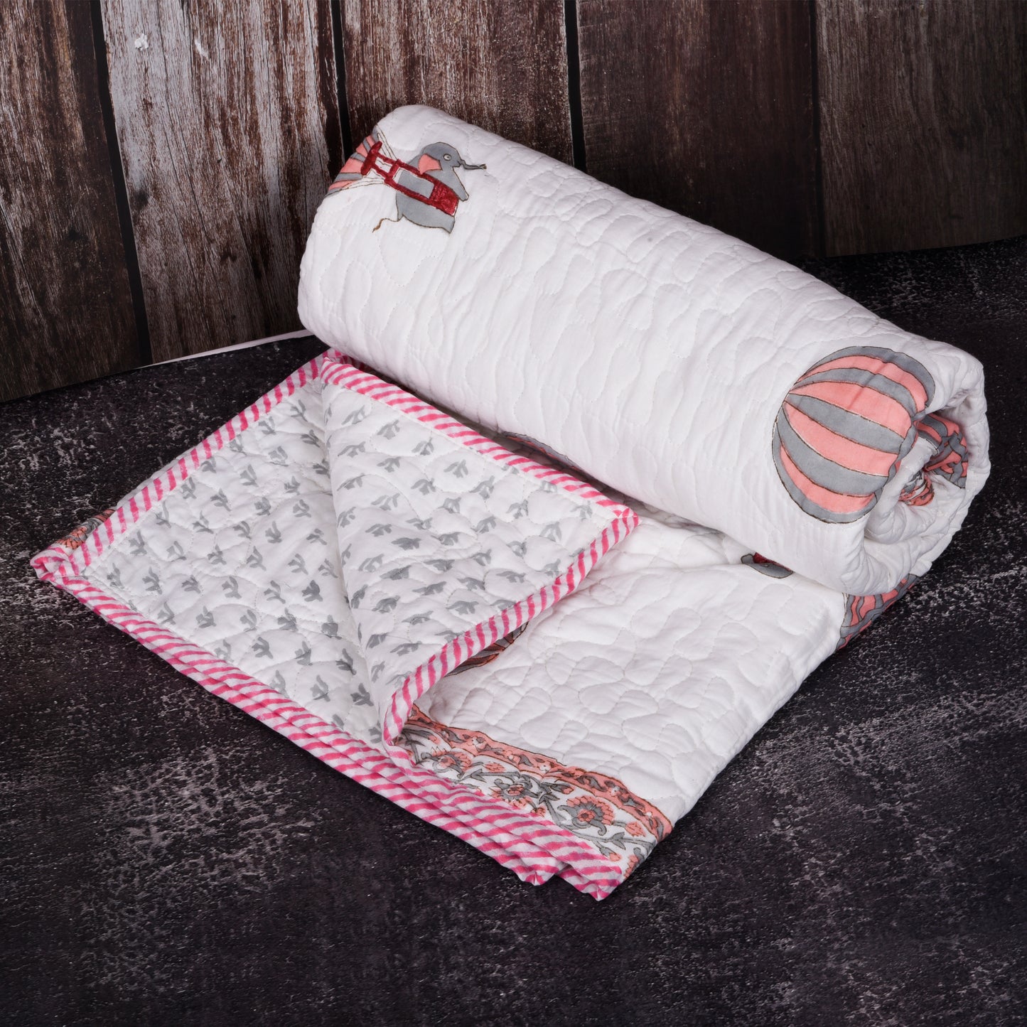 Hand Block Printed Cotton Baby Quilted Blanket (Light Rajai) – Quilted, 60x40 inches (100x150 cm) Peach pink Baloon