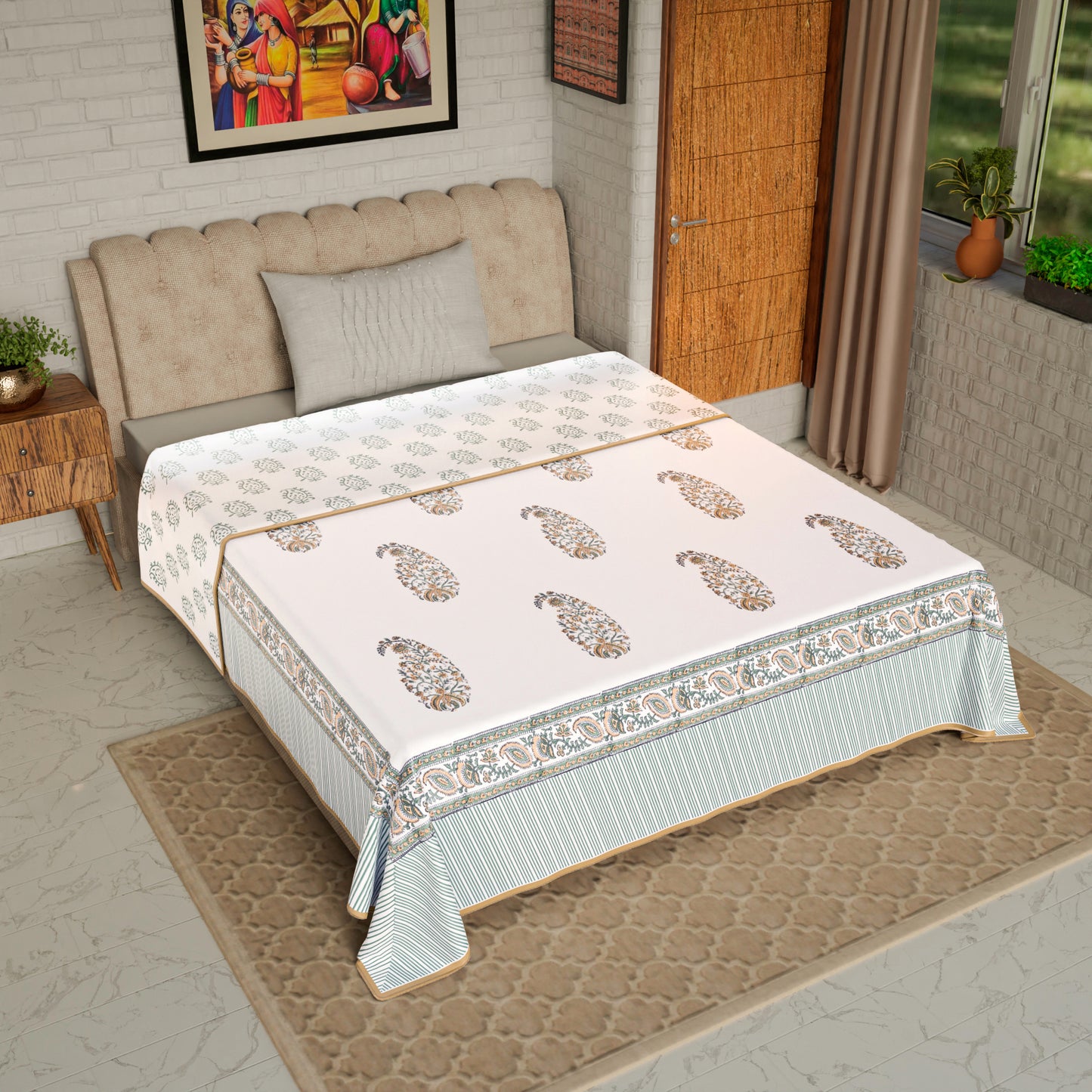 Cotton Blanket - Single Dohar ( 60 x 90 Inches) Mustard Green Paisley