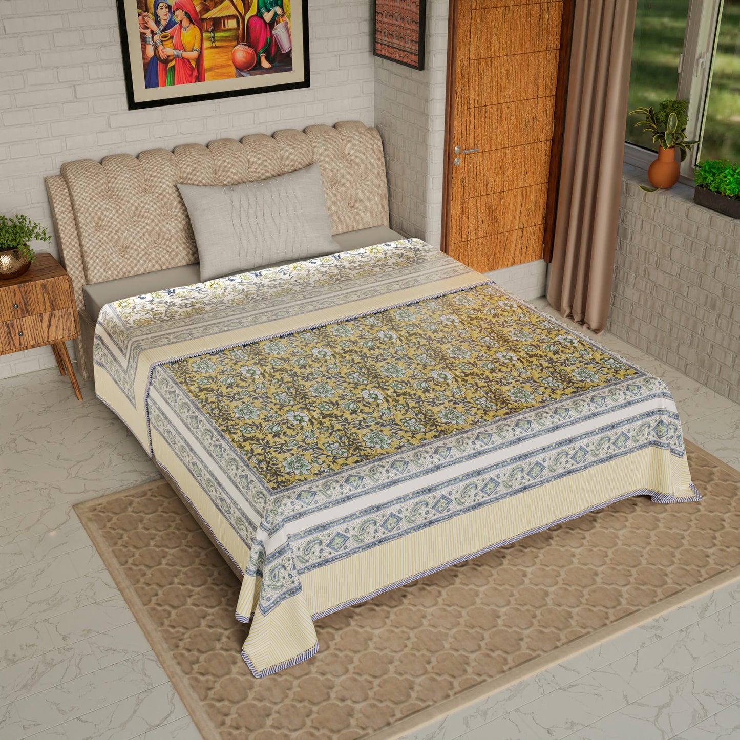Cotton Blanket - Single Dohar ( 60 x 90 Inches) Green Yellow Blue Floral
