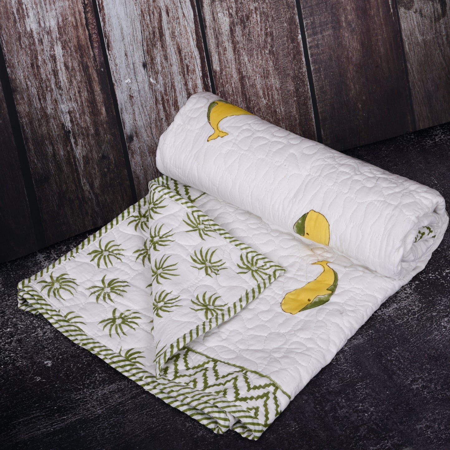 Hand Block Printed Cotton Baby Quilted blanket (light Rajai) – Quilted, 60x40 inches (100x150 cm) Green Yellow Dolphin