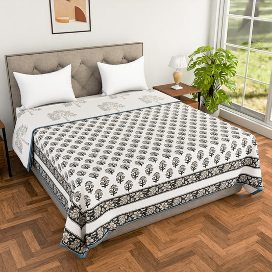 Block Printed Cotton Blanket - Double Dohar ( 90 x 108 Inches) - Grey Tree
