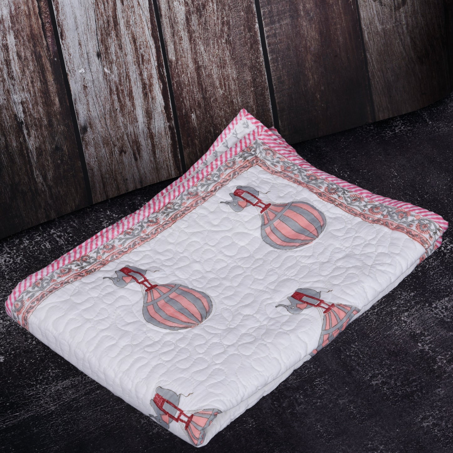 Hand Block Printed Cotton Baby Quilted Blanket (Light Rajai) – Quilted, 60x40 inches (100x150 cm) Peach pink Baloon