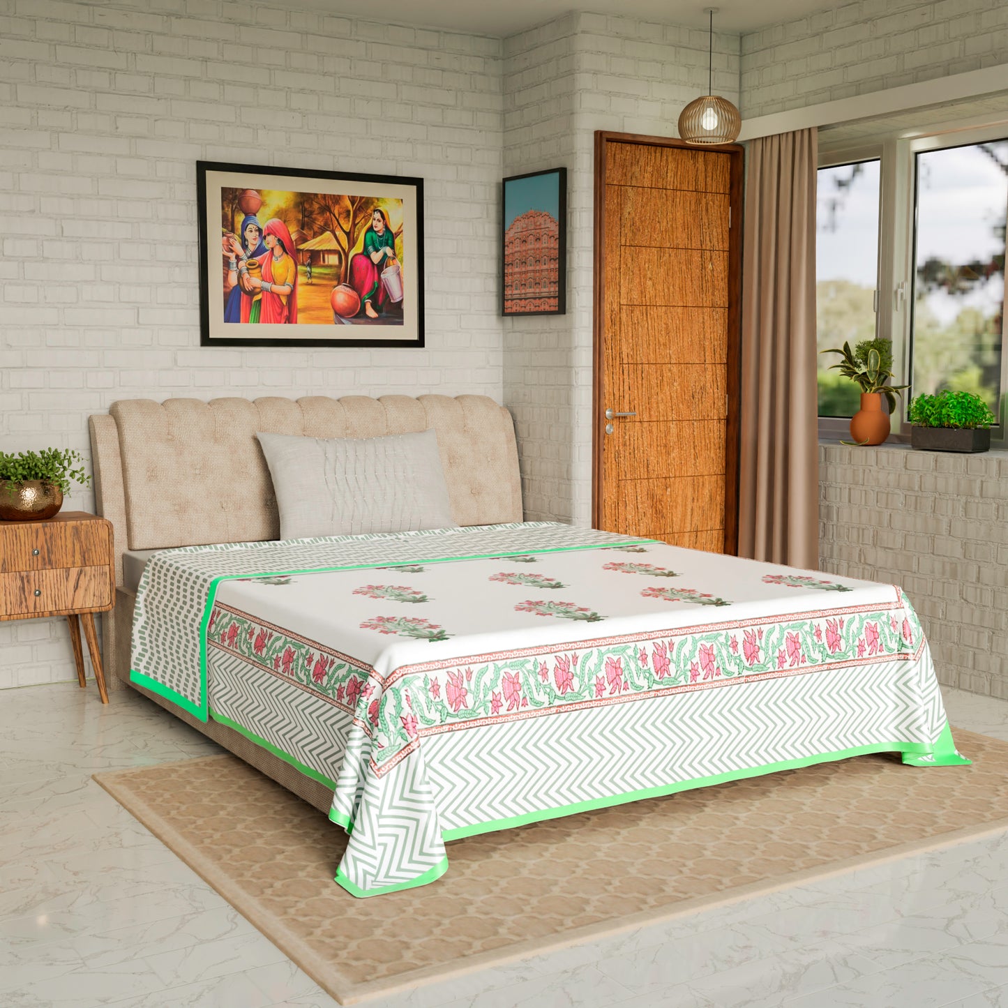 Cotton Blanket - Single Dohar ( 60 x 90 Inches) Green Pink Plant