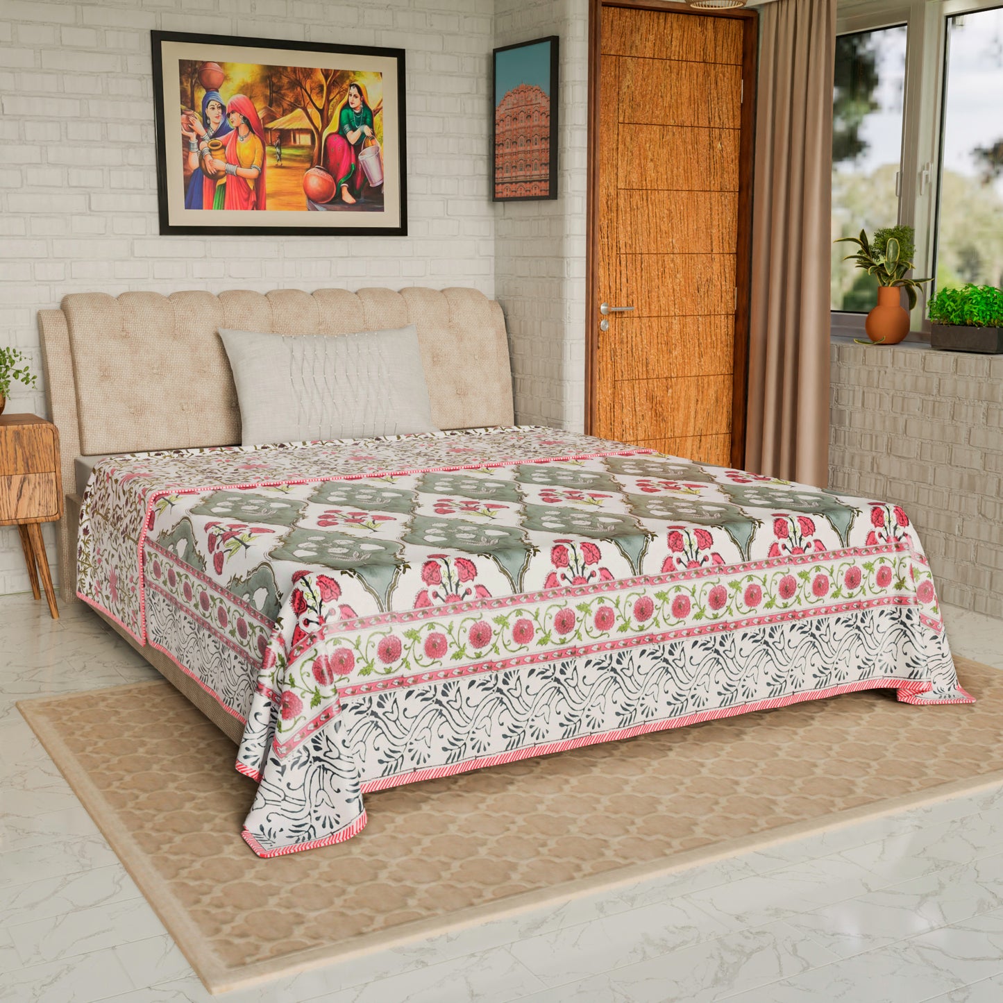 Cotton Blanket - Single Dohar ( 60 x 90 Inches) Grey Red Floral