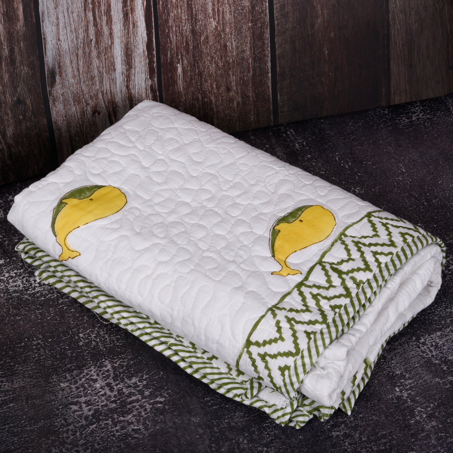 Hand Block Printed Cotton Baby Quilted blanket (light Rajai) – Quilted, 60x40 inches (100x150 cm) Green Yellow Dolphin