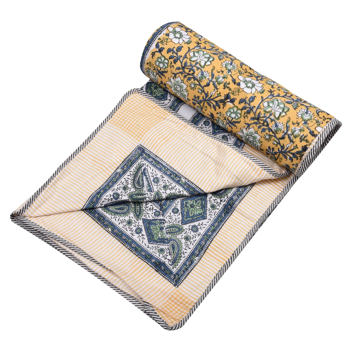 Cotton Blanket - Single Dohar ( 60 x 90 Inches) Green Yellow Blue Floral