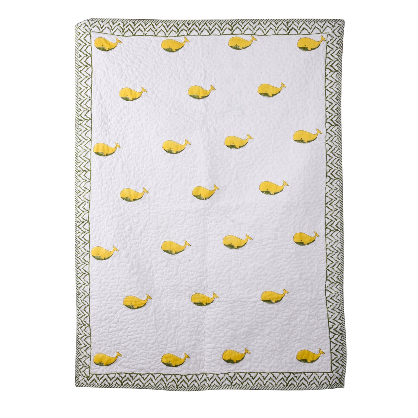 Hand Block Printed Cotton Baby Quilted blanket (light Rajai) – Quilted, 60x40 inches (100x150 cm) Green Yellow Dolphin