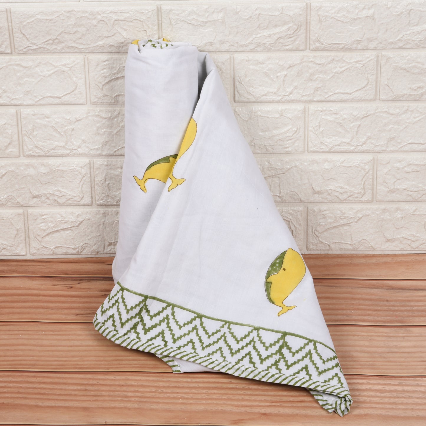 Hand Block Printed Cotton Baby dohar blanket, 60x40 inches (100x150 cm) Green Yellow Dolphin