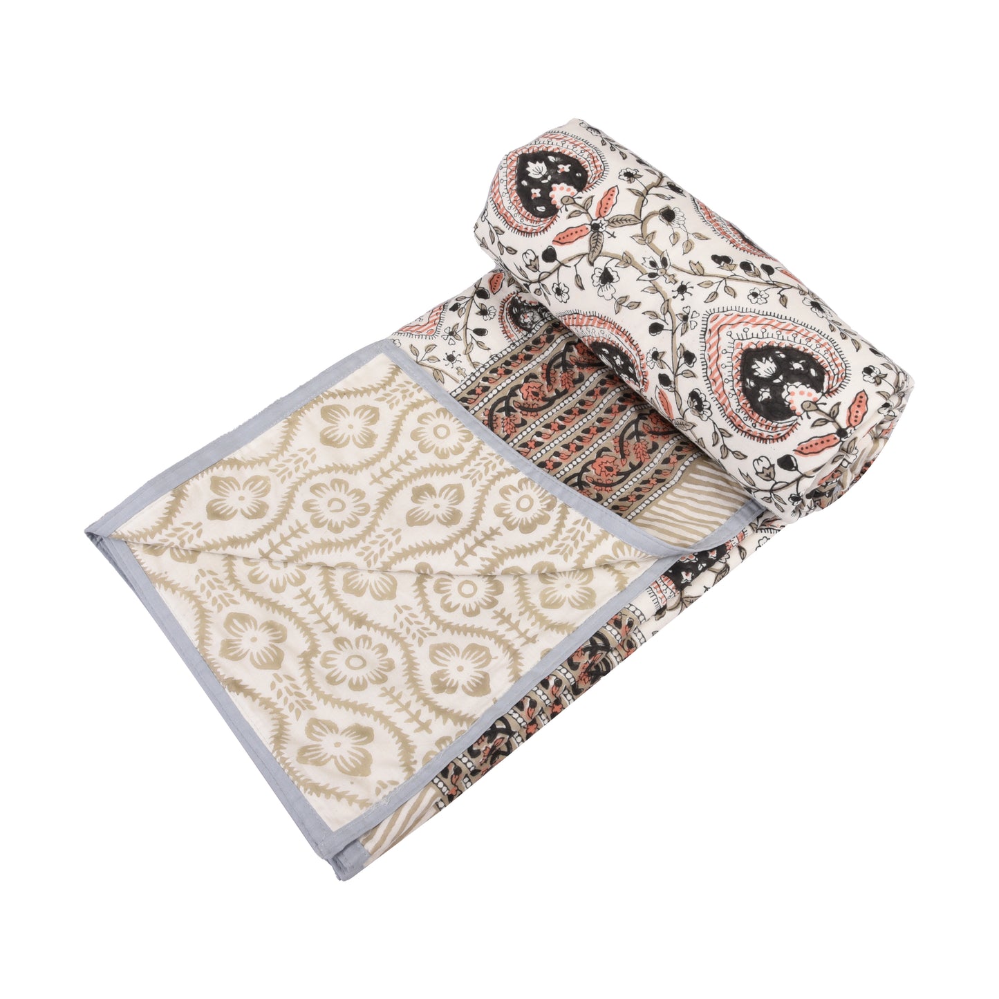Cotton Blanket - Single Dohar ( 60 x 90 Inches) Orange-Grey Floral