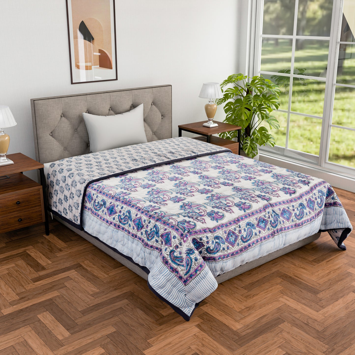 Single bed pure cotton block print quilt (Rajai) Winter blanket (60 x 90 Inches)