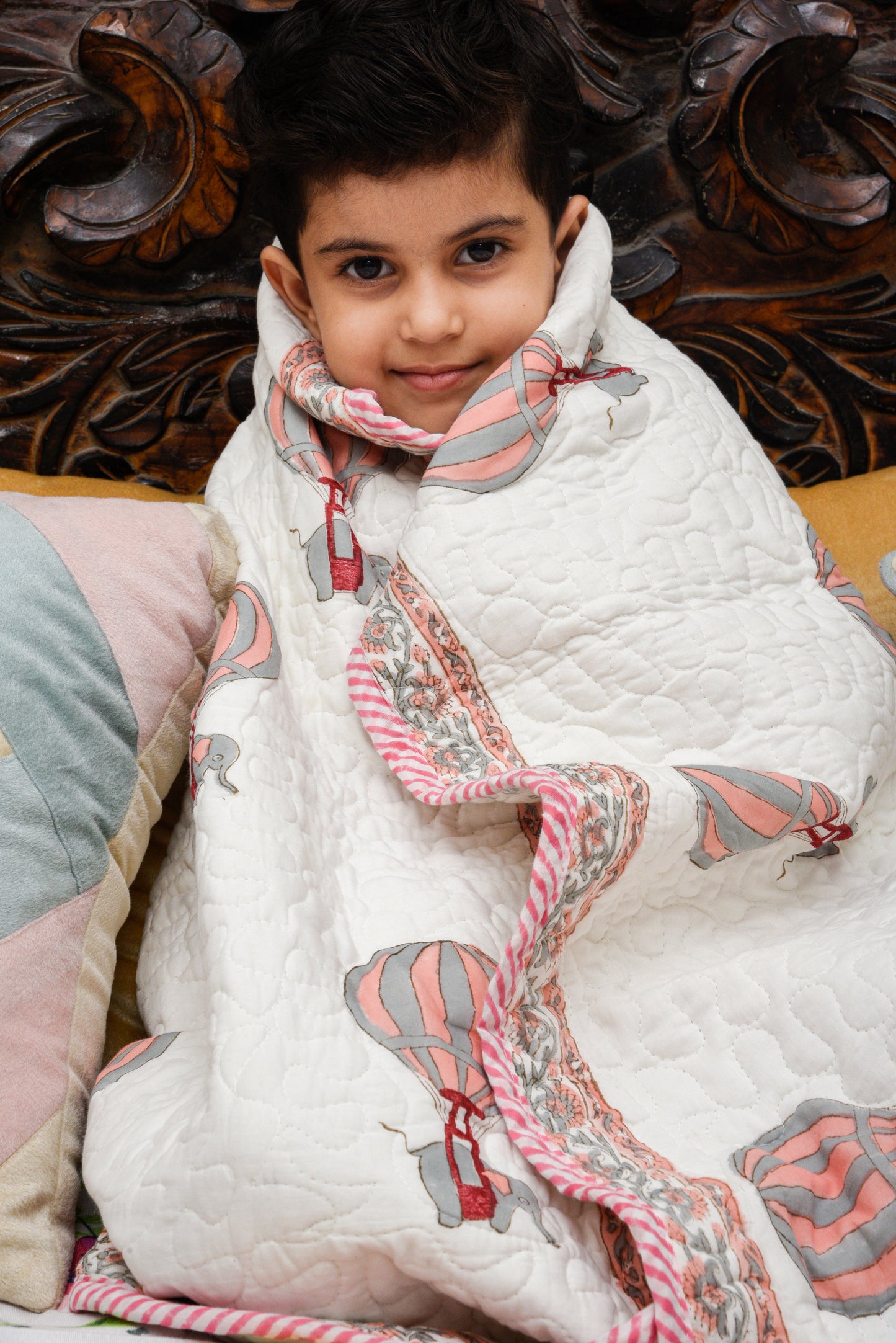 Hand Block Printed Cotton Baby Quilted Blanket (Light Rajai) – Quilted, 60x40 inches (100x150 cm) Peach pink Baloon
