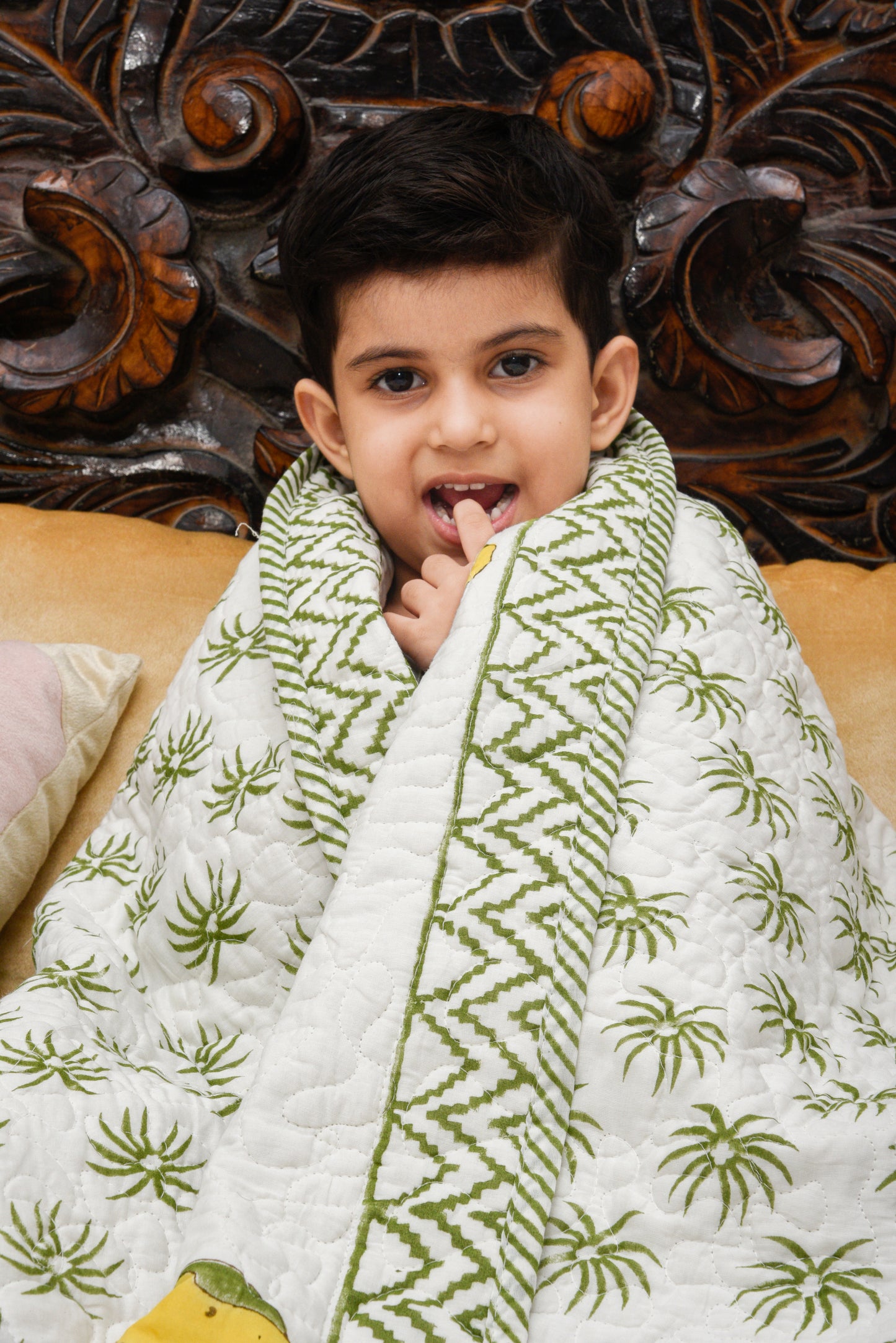 Hand Block Printed Cotton Baby Quilted blanket (light Rajai) – Quilted, 60x40 inches (100x150 cm) Green Yellow Dolphin