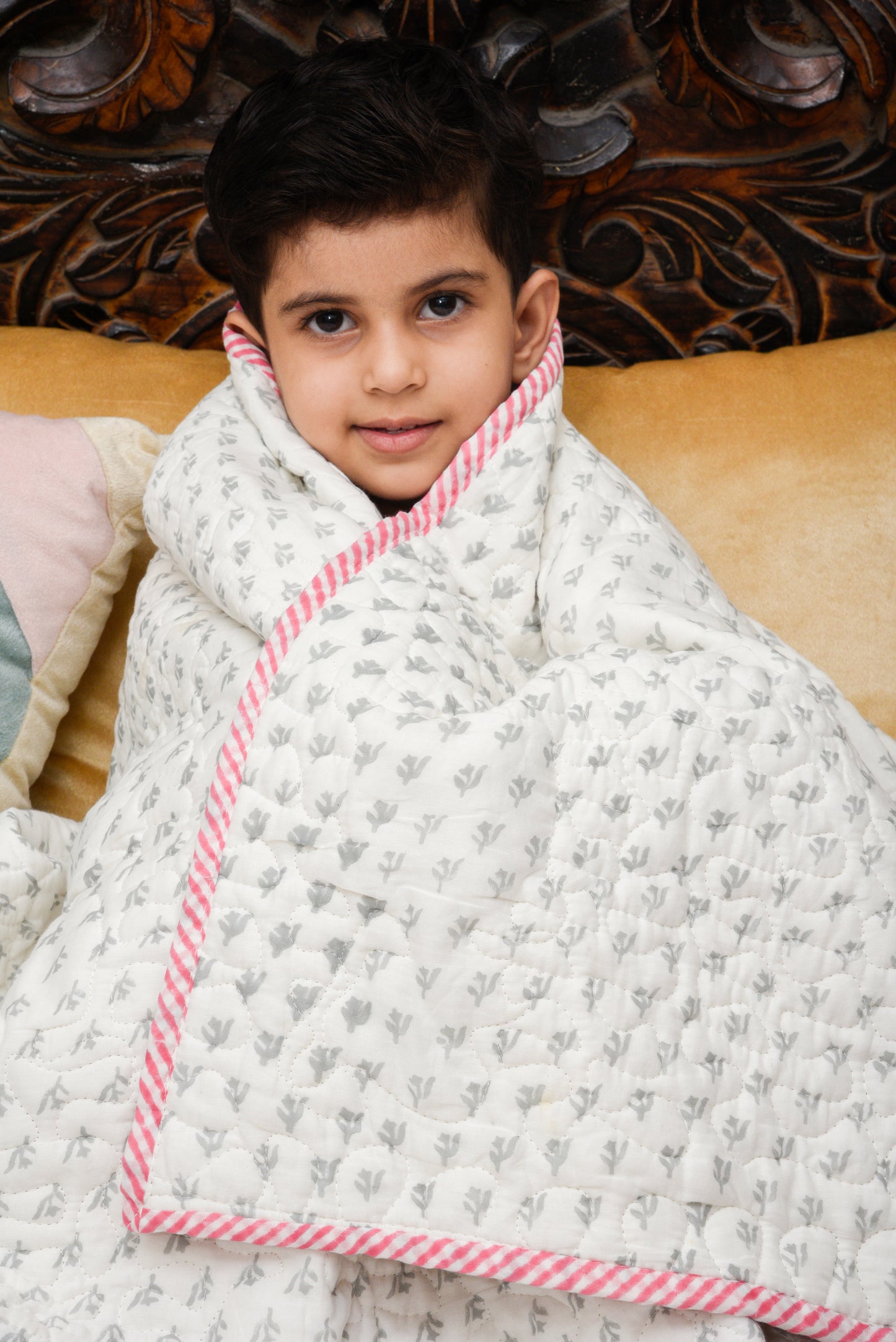 Hand Block Printed Cotton Baby Quilted Blanket (Light Rajai) – Quilted, 60x40 inches (100x150 cm) Peach pink Baloon