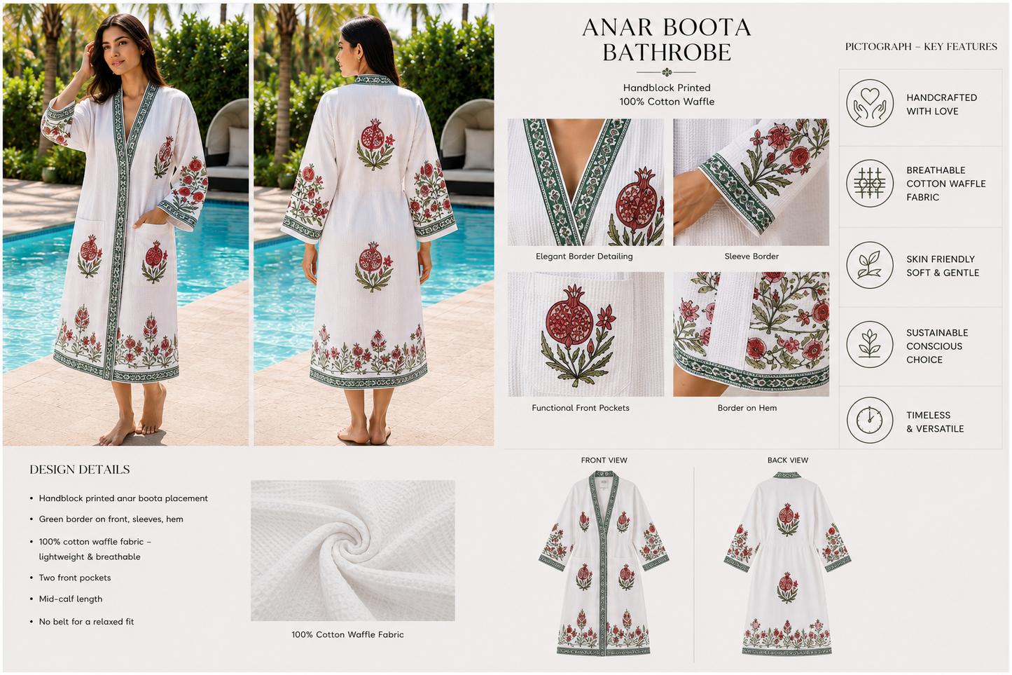 Jaipur Handblock Anar Boota Bathrobe | 100% Cotton Waffle  | 2 Pockets