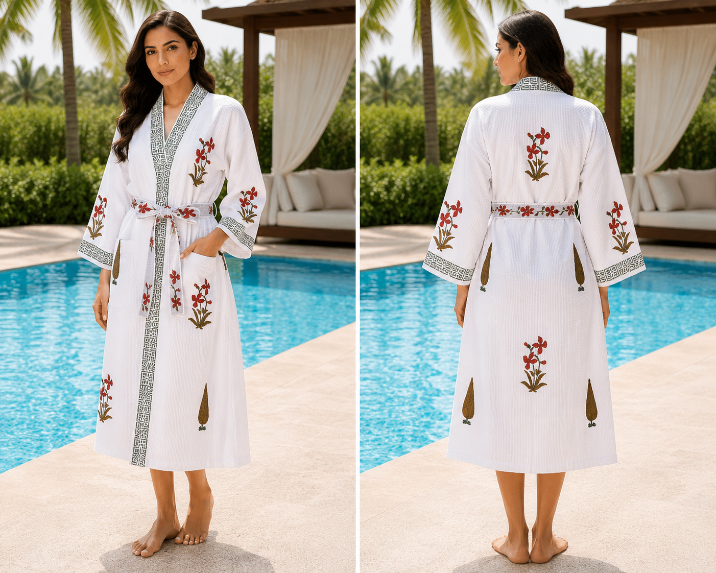 Jaipuri Handblock cotton Bathrobe | 100% Cotton Waffle  | 2 Pockets I Red floral leaf