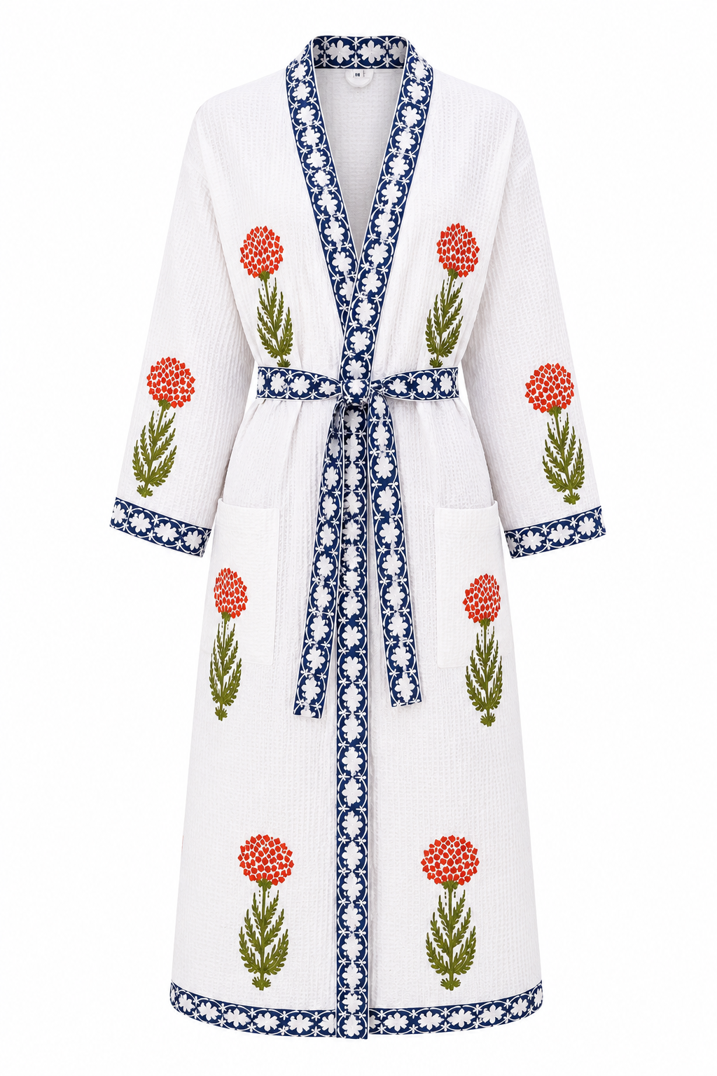 Jaipuri Handblock cotton Bathrobe | 100% Cotton Waffle  | 2 Pockets I Red floral Blue Border
