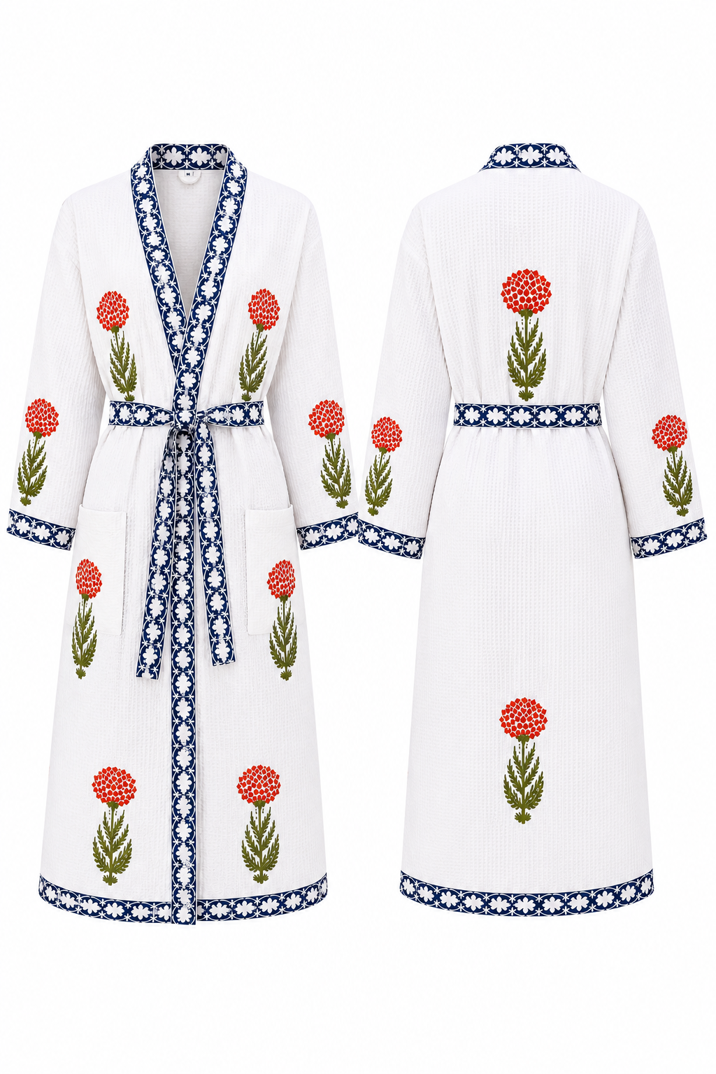 Jaipuri Handblock cotton Bathrobe | 100% Cotton Waffle  | 2 Pockets I Red floral Blue Border
