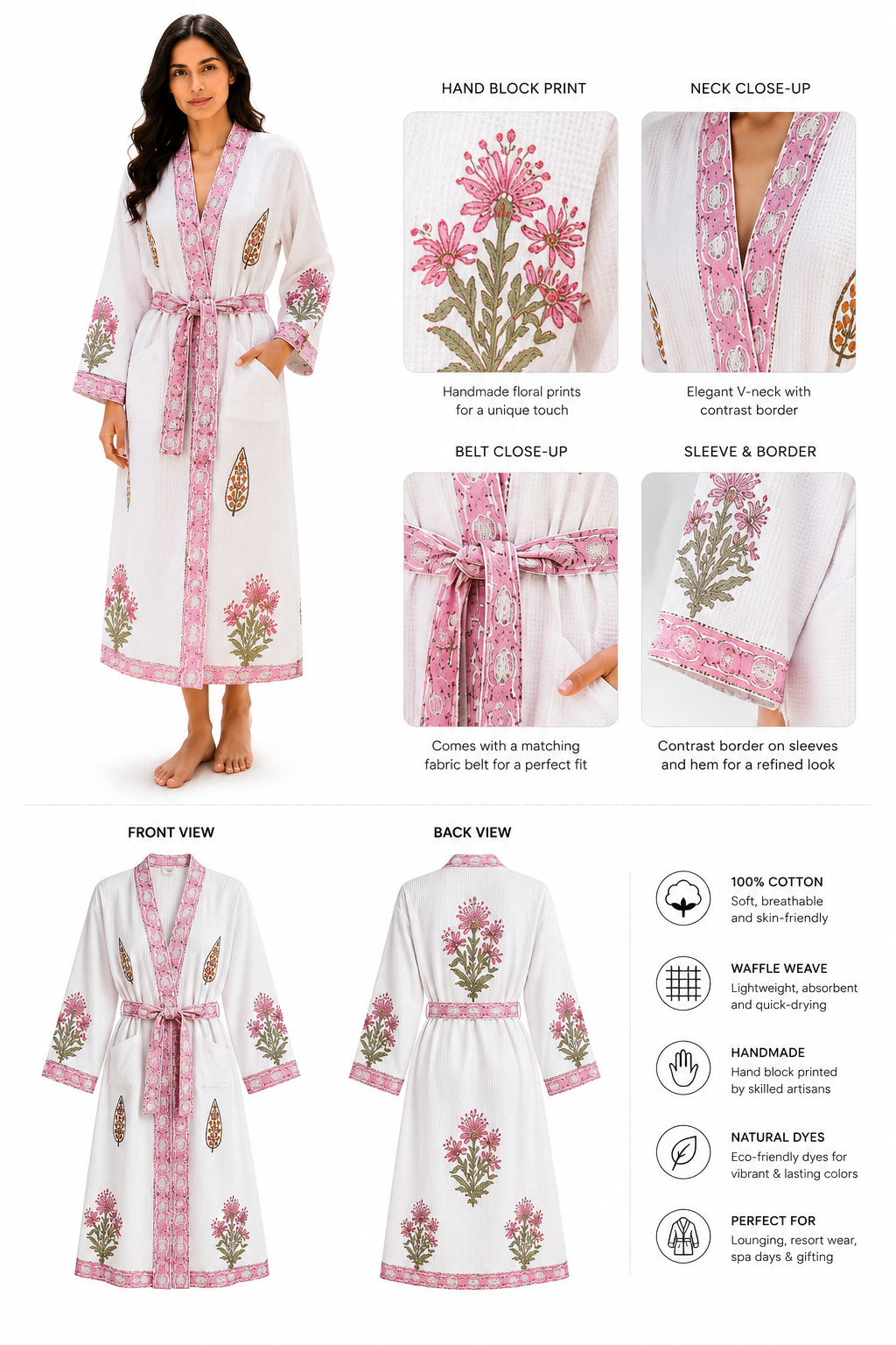 Jaipuri Handblock cotton Bathrobe | 100% Cotton Waffle  | 2 Pockets I Pink Boota Border