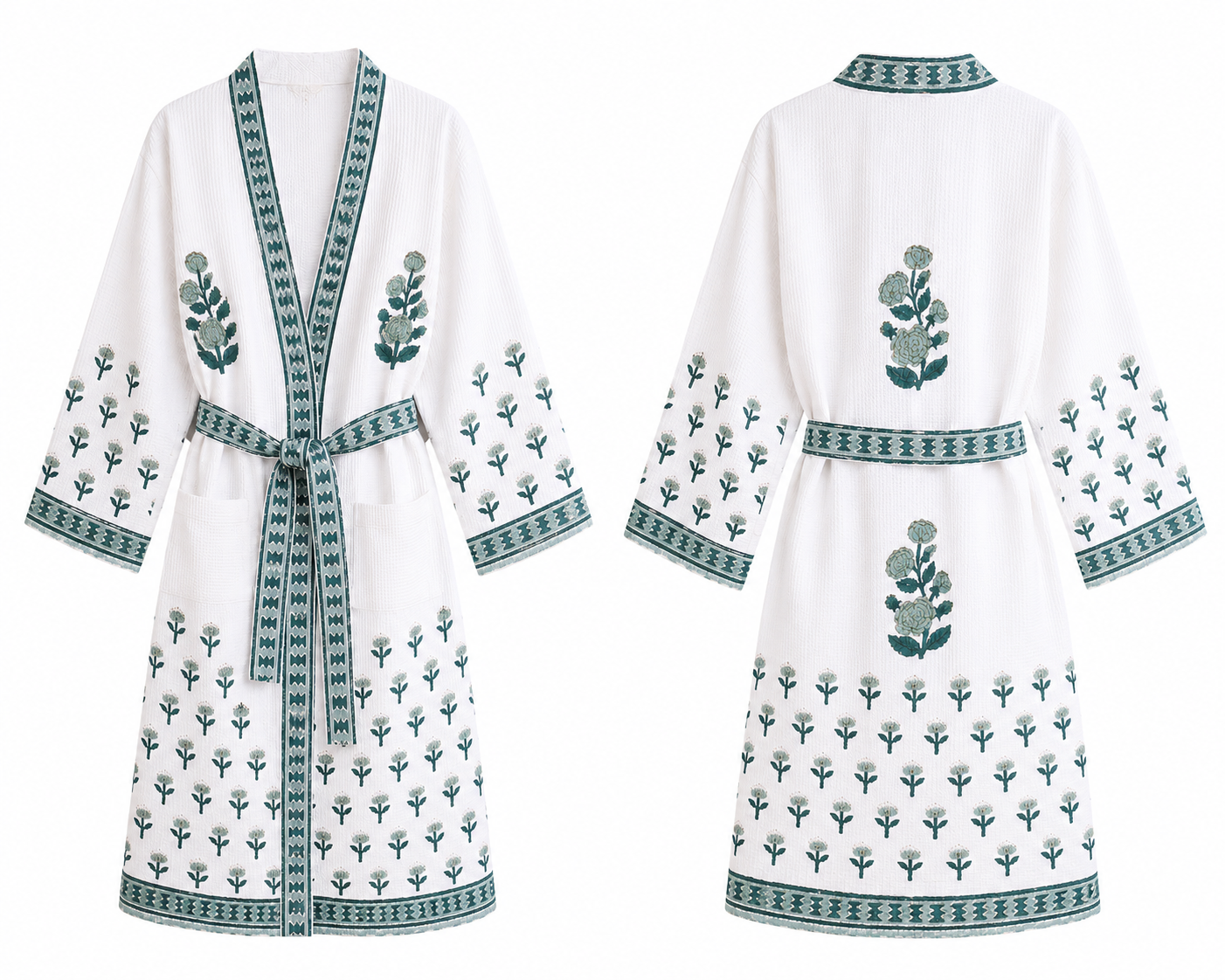 Jaipuri Handblock cotton Bathrobe | 100% Cotton Waffle  | 2 Pockets I Green Small Floral