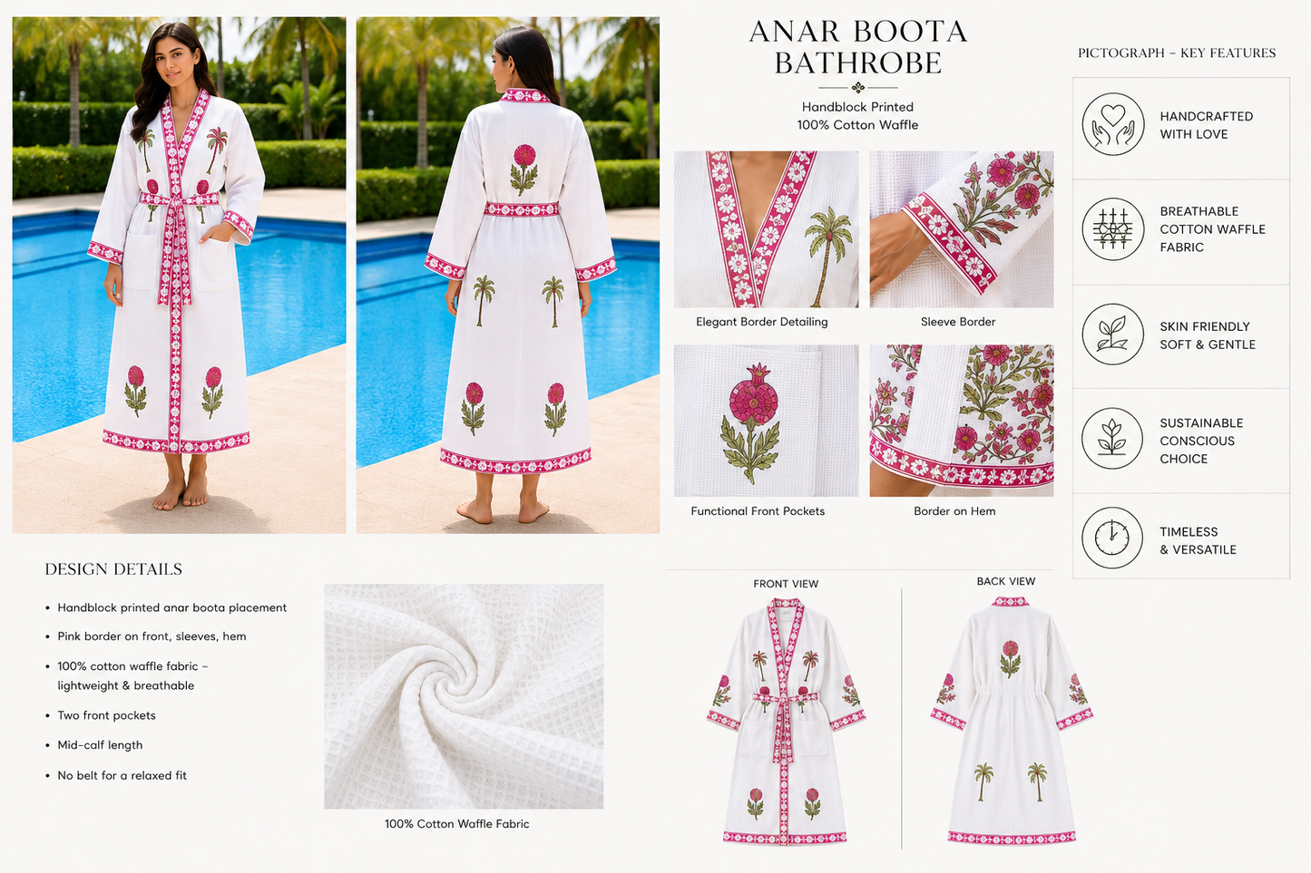 Jaipuri Handblock cotton Bathrobe | 100% Cotton Waffle  | 2 Pockets I Green Palm Pink