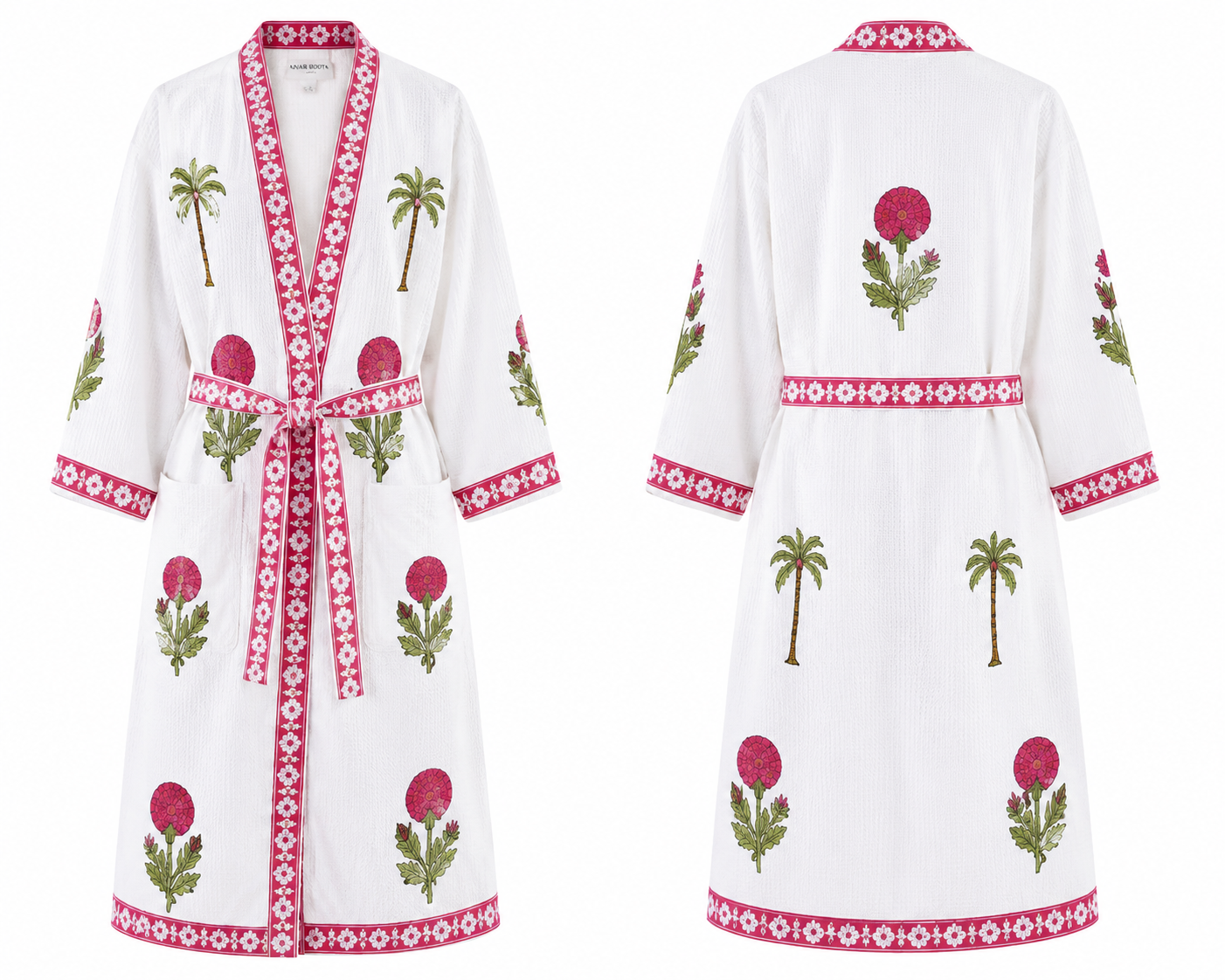 Jaipuri Handblock cotton Bathrobe | 100% Cotton Waffle  | 2 Pockets I Green Palm Pink