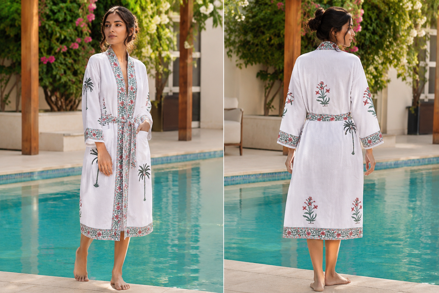 Jaipuri Handblock cotton Bathrobe | 100% Cotton Waffle  | 2 Pockets I Green Pink Leaf