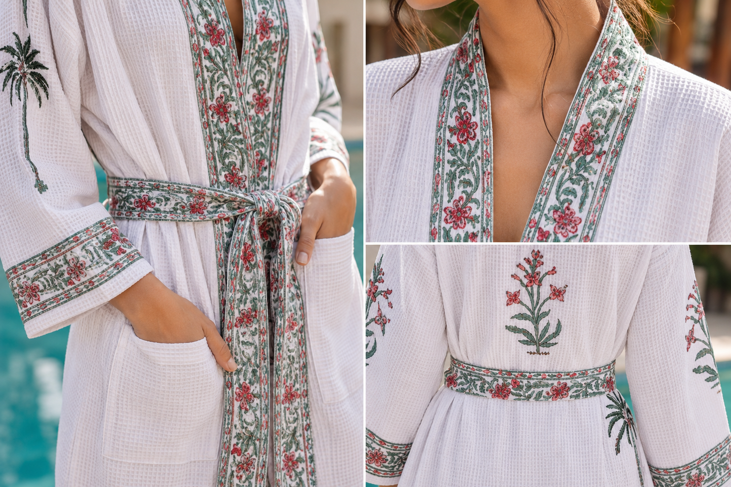 Jaipuri Handblock cotton Bathrobe | 100% Cotton Waffle  | 2 Pockets I Green Pink Leaf