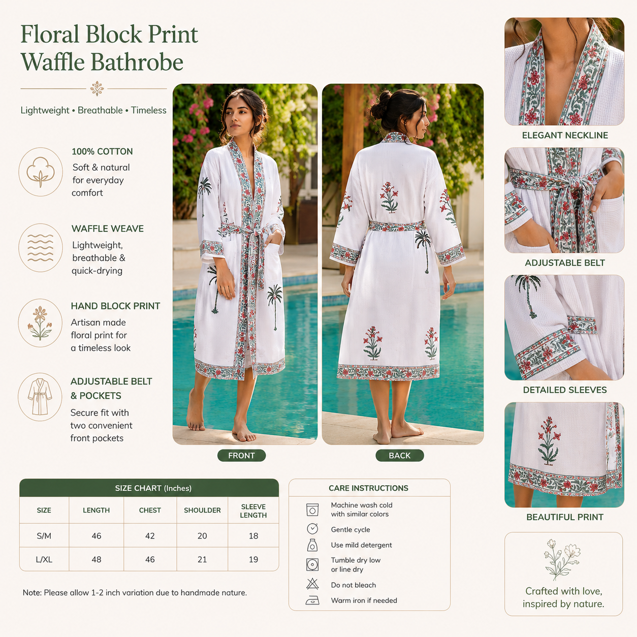 Jaipuri Handblock cotton Bathrobe | 100% Cotton Waffle  | 2 Pockets I Green Pink Leaf