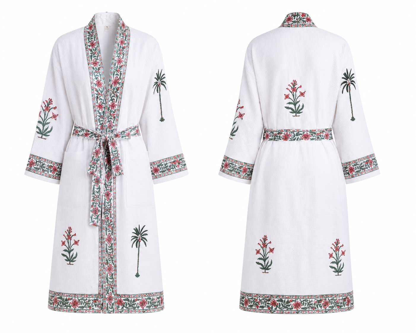 Jaipuri Handblock cotton Bathrobe | 100% Cotton Waffle  | 2 Pockets I Green Pink Leaf