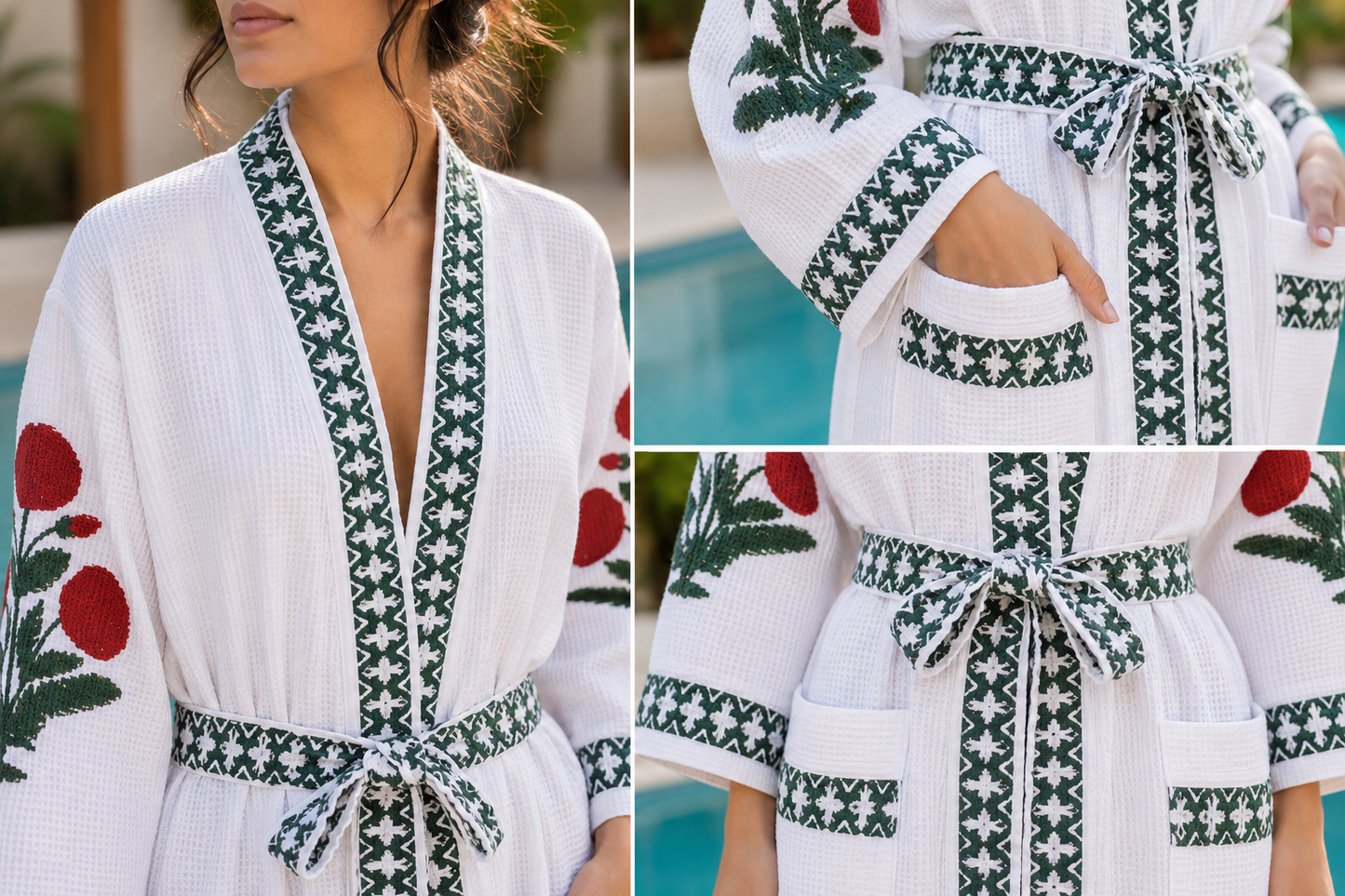 Jaipuri Handblock cotton Bathrobe | 100% Cotton Waffle  | 2 Pockets I Red Bouquet Big