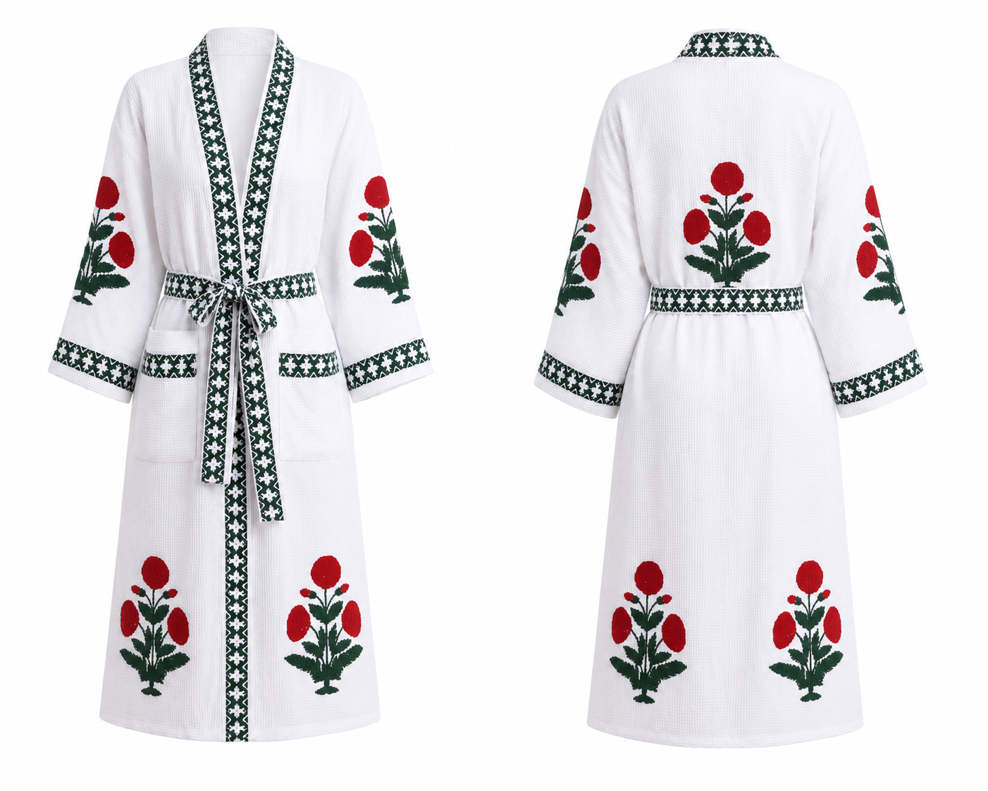 Jaipuri Handblock cotton Bathrobe | 100% Cotton Waffle  | 2 Pockets I Red Bouquet Big