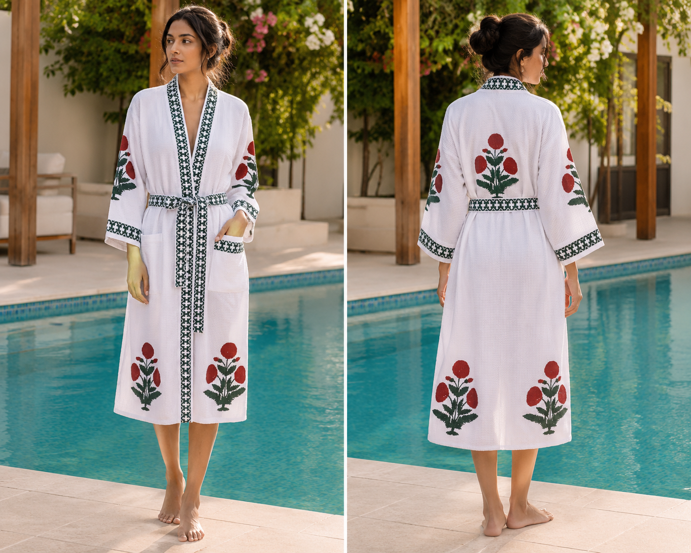Jaipuri Handblock cotton Bathrobe | 100% Cotton Waffle  | 2 Pockets I Red Bouquet Big