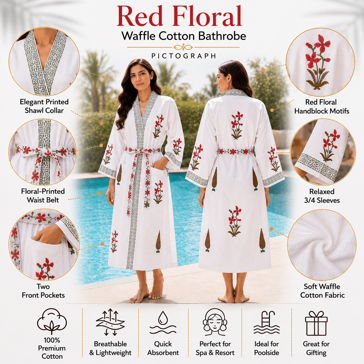 Jaipuri Handblock cotton Bathrobe | 100% Cotton Waffle  | 2 Pockets I Red floral leaf