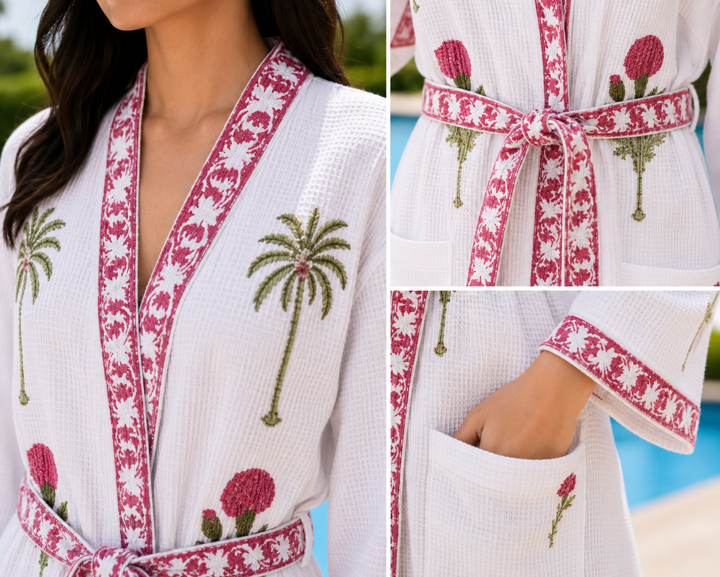 Jaipuri Handblock cotton Bathrobe | 100% Cotton Waffle  | 2 Pockets I Green Palm Pink