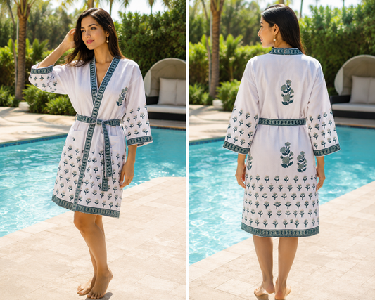 Jaipuri Handblock cotton Bathrobe | 100% Cotton Waffle  | 2 Pockets I Green Small Floral