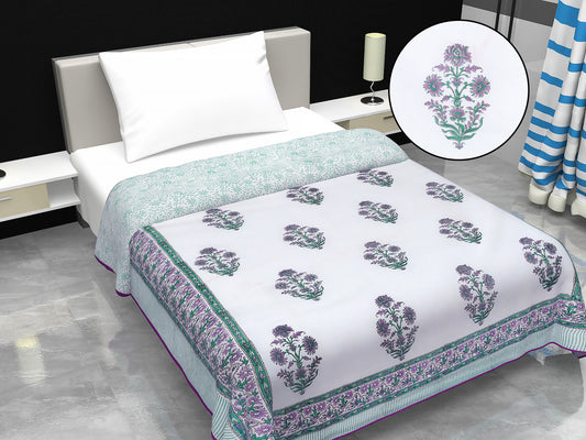 Cotton Blanket - Single Dohar ( 60 x 90 Inches) Green Purple Bouquet