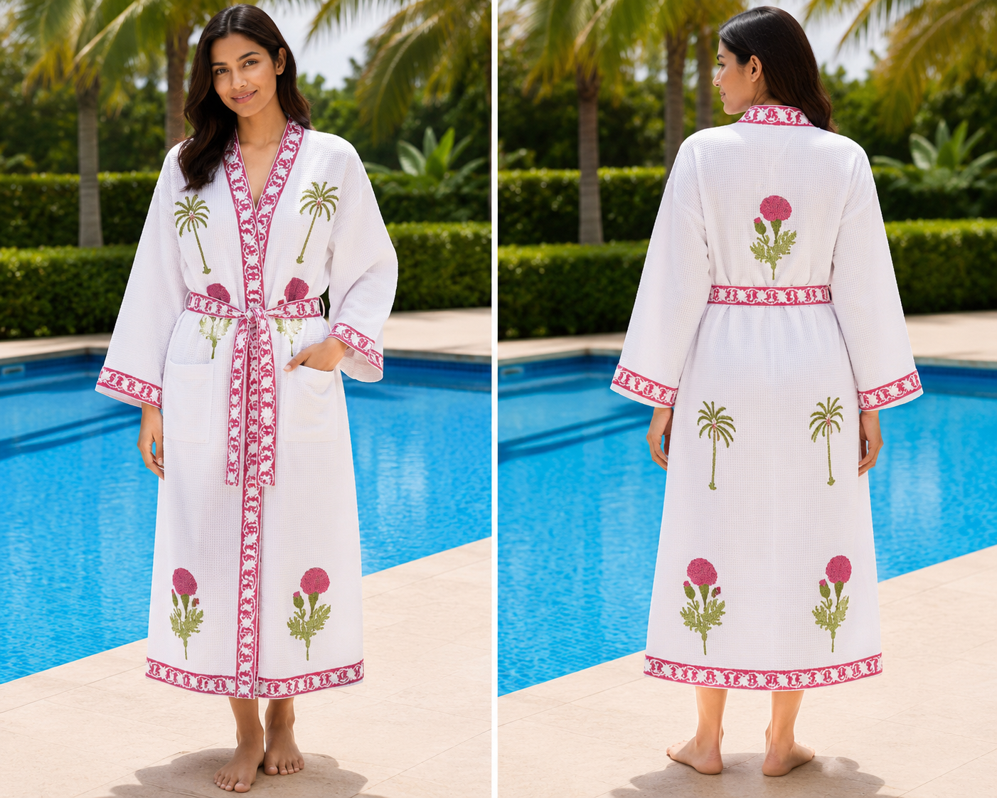 Jaipuri Handblock cotton Bathrobe | 100% Cotton Waffle  | 2 Pockets I Green Palm Pink