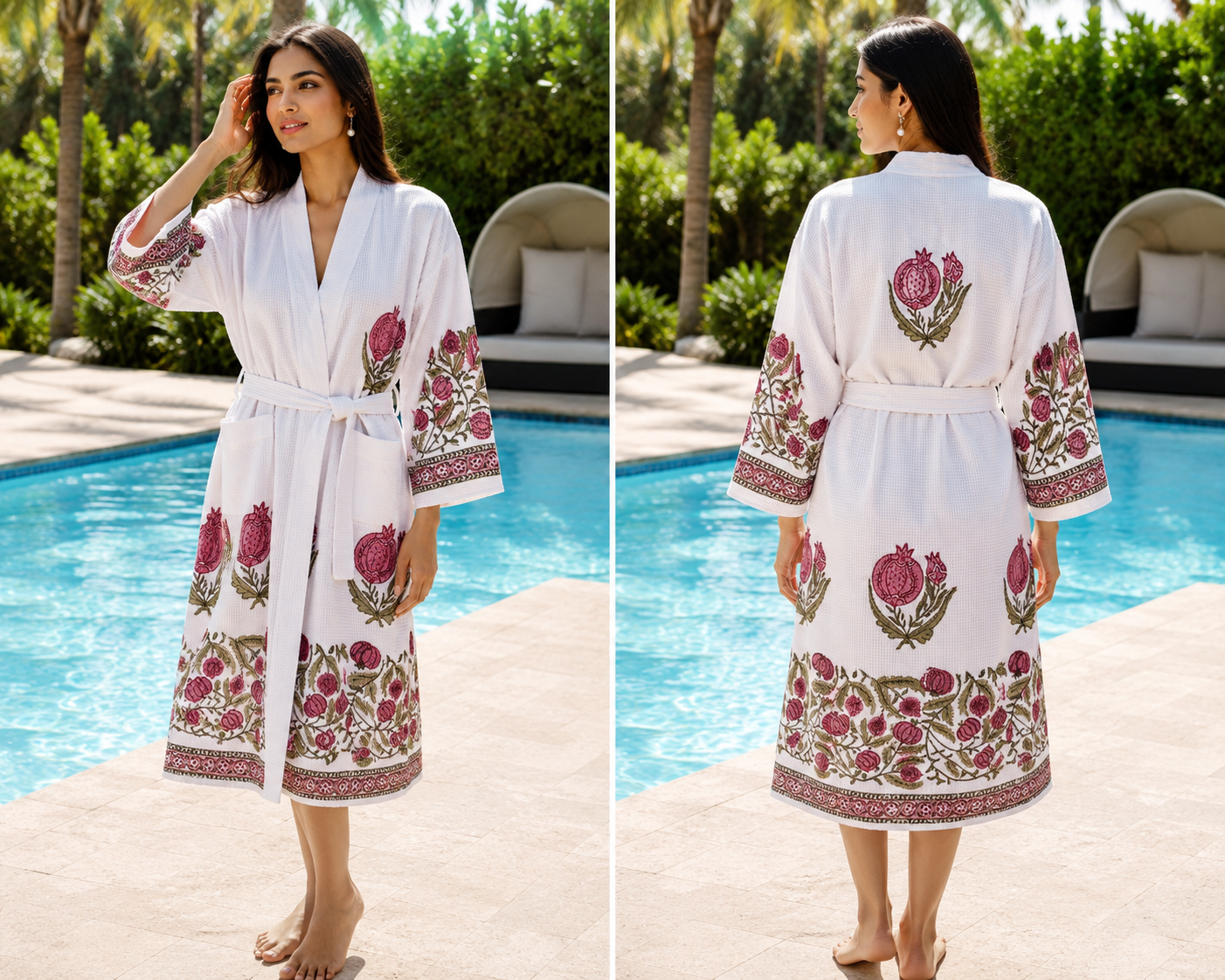 Jaipur Handblock Anar Boota Bathrobe | 100% Cotton Waffle  | 2 Pockets