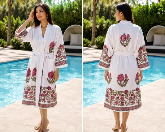 Jaipur Handblock Anar Boota Bathrobe | 100% Cotton Waffle  | 2 Pockets