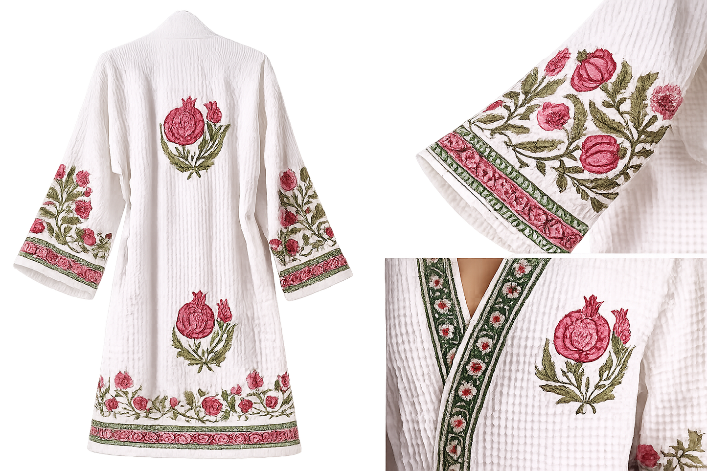 Jaipur Handblock Anar Boota Bathrobe | 100% Cotton Waffle  | 2 Pockets