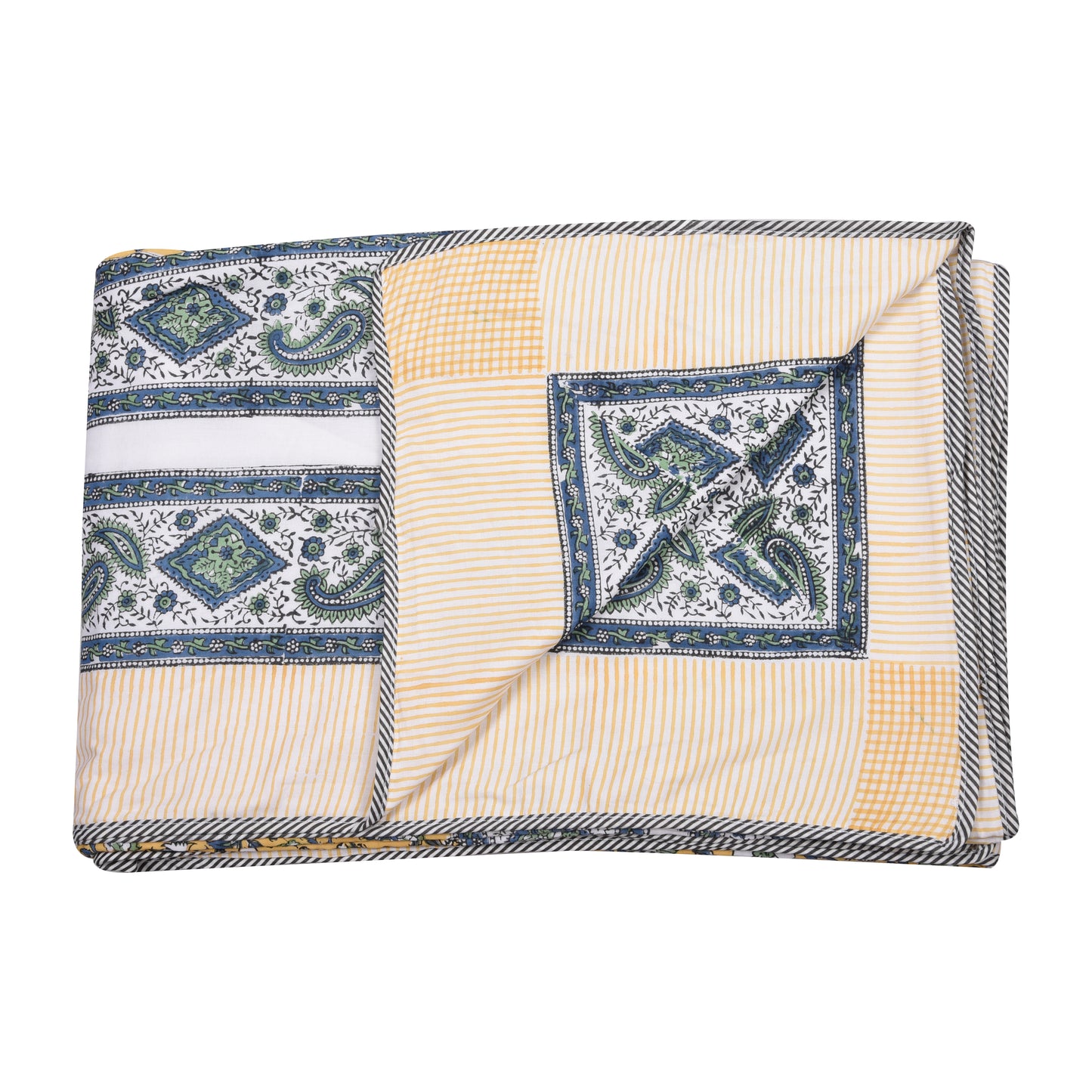 Cotton Blanket - Single Dohar ( 60 x 90 Inches) Green Yellow Blue Floral